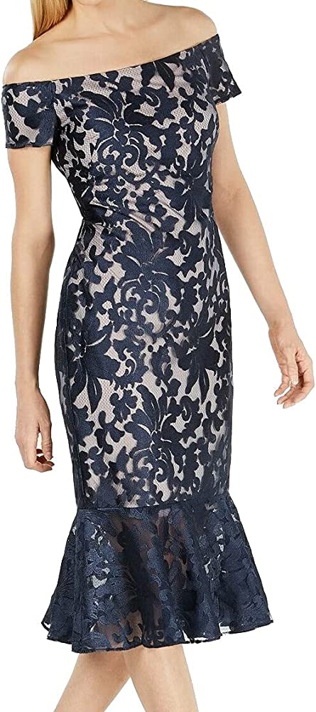 Calvin Klein Womens Lace Midi Off-Shoulder Dress, Blue