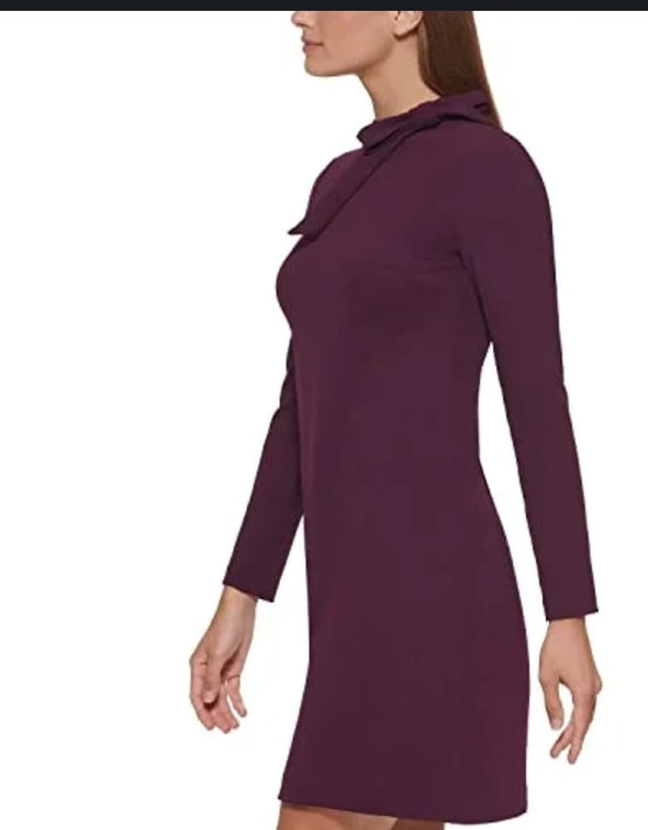 Calvin Klein Women's Long Sleeve Dress with Tie Neck Detail, Aubergine,