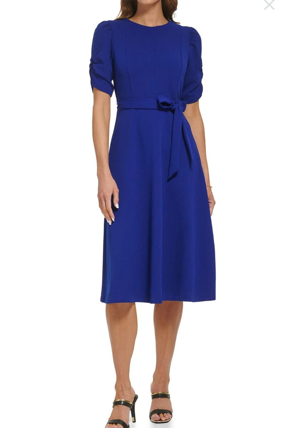 DKNY Stretch Jewel Neck Short Ruched Sleeve Fit and Flare Midi Dress.