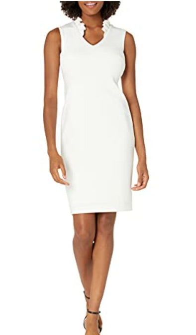 Calvin Klein Women's White V-neck Scuba Sheath W/ Side Neck Ruffle Size 10