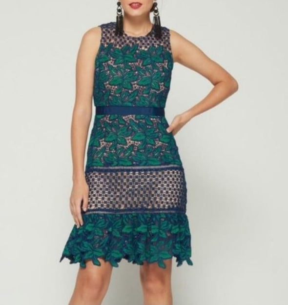 Belle by Badgley Mischka Deanndra Embroidered A-Line Dress 14 Emerald Navy